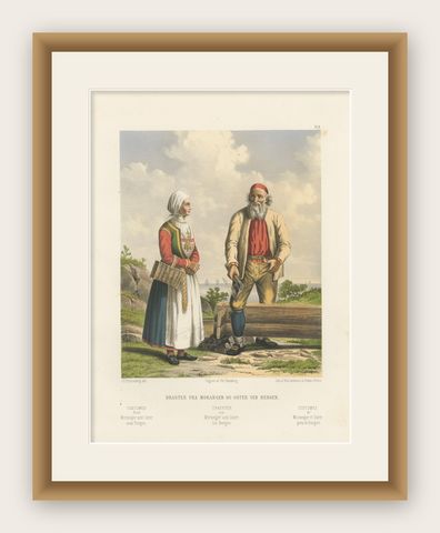 Folk Costumes near Bergen, Moranger and Oster Couple, 19th Century Print, shown framed