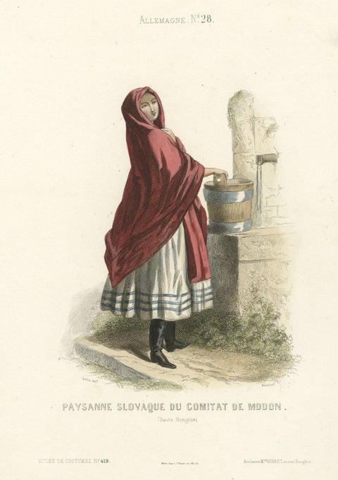 Antique Print of a Slovak Peasant Girl, 1850, close-up 1