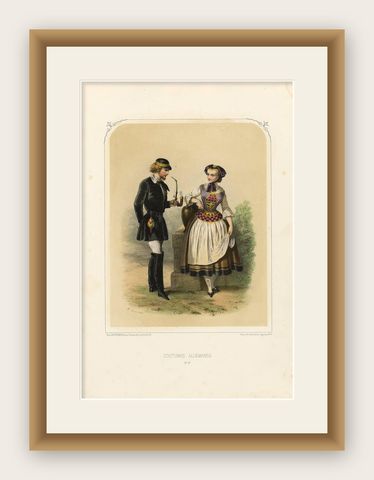 Antique Costume Print of Germany by A. Lacouchie, circa 1850, shown framed