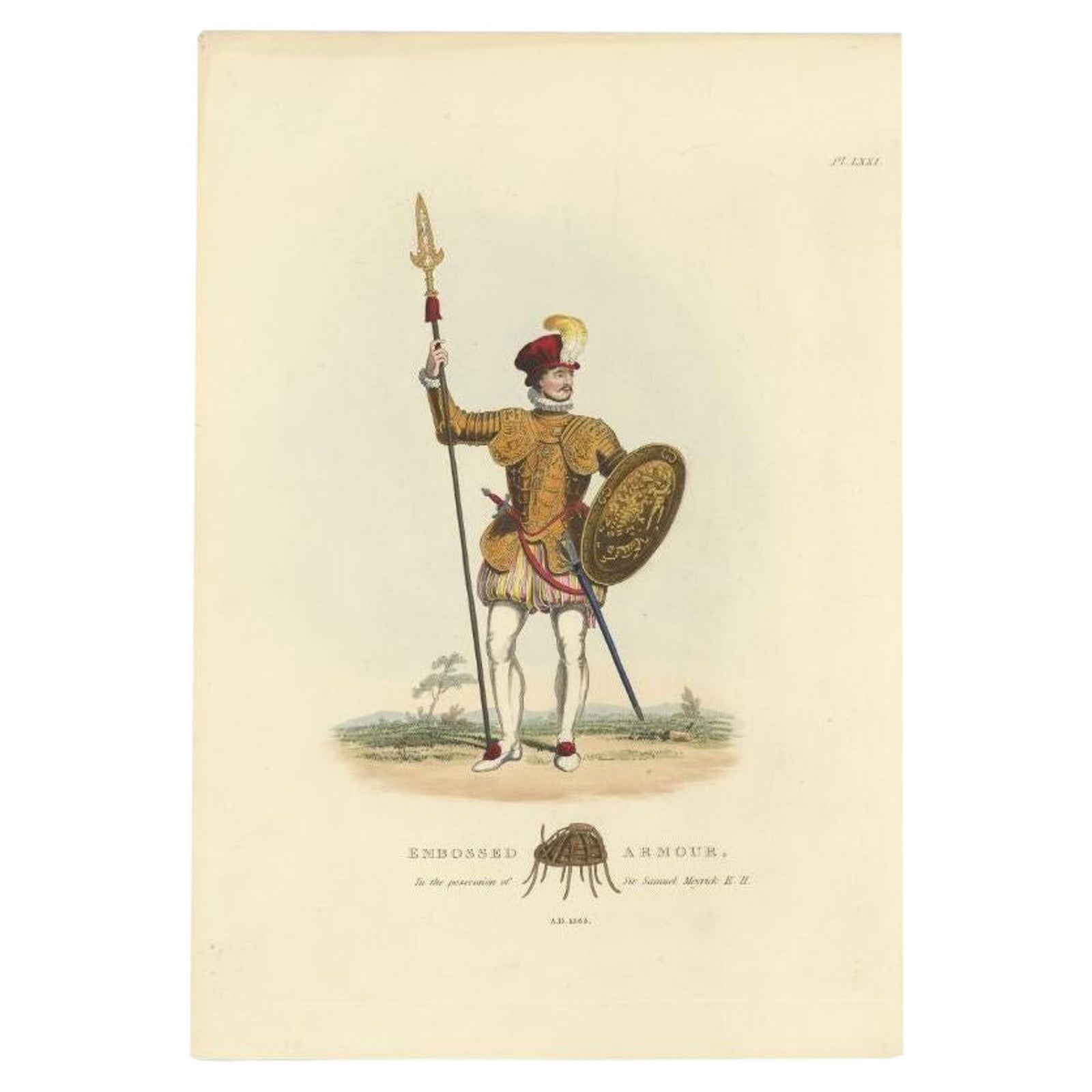 Antique Hand-Colored Print of a Knight in Embossed Armor, (1842)