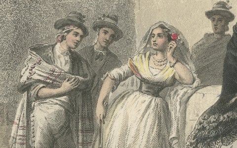 Costumes of Majorca, 19th-Century Hand-Colored Engraving by Ed. Willmann, close-up 5
