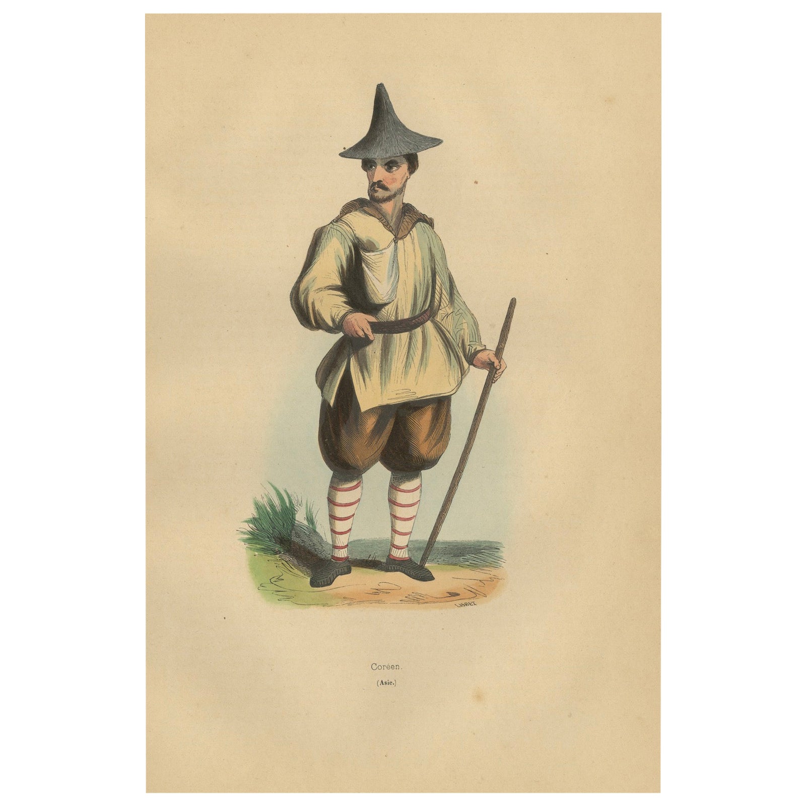 Traditional Korean Attire in 19th Century Hand-Colored Lithograph