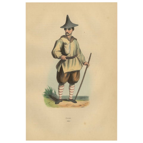 Traditional Korean Attire in 19th Century Hand-Colored Lithograph