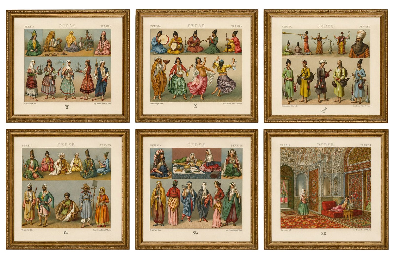 Set of 6 Persian Costume & Interior Chromolithographs by Racinet, 1888