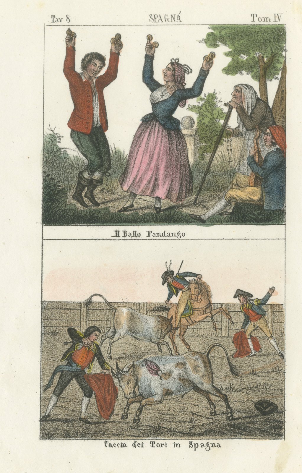 The Fandango Dance and a Spanish Bullfight, Hand Colored Lithograph, 1842