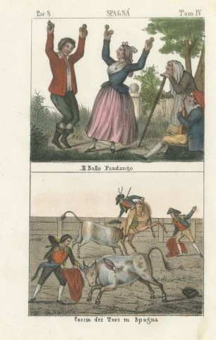 The Fandango Dance and a Spanish Bullfight, Hand Colored Lithograph, 1842