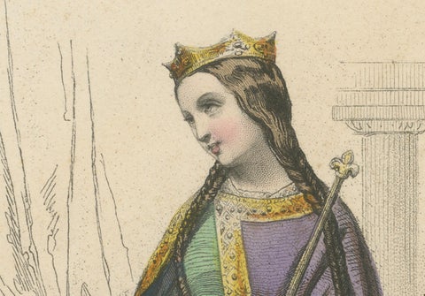 Regal Antique French Costume Print of a Queen, Hand-Coloured in the 19th Century, close-up 5
