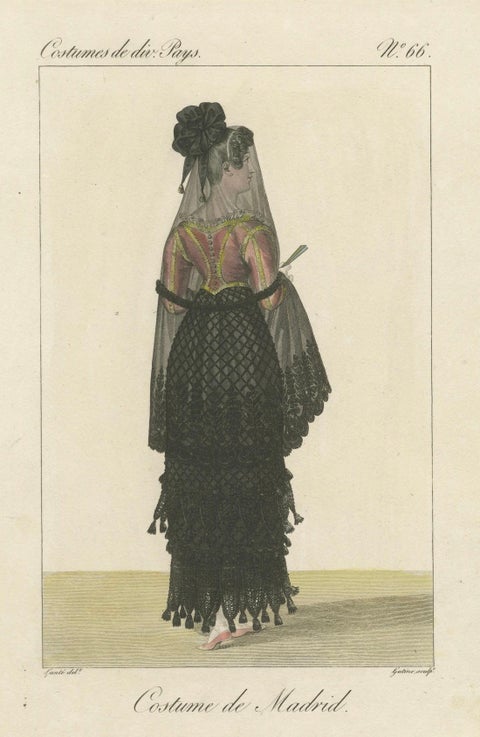 Spanish Woman from Madrid, Hand-Colored Engraving, Costume de divers Pays, 1820, close-up 1