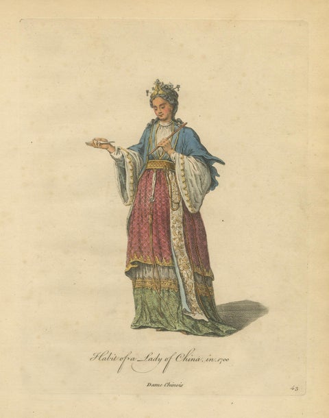 Lady of China in Elegant Court Dress, Antique Print, Jefferys, 1749, close-up 1