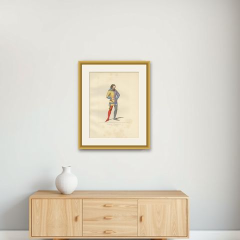 Antique Print of a 14th Century French Nobleman by Bonnard, 1860, shown framed on a wall