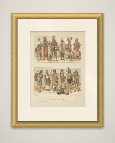 Inca Empire Costumes, Antique Lithograph of Inca Clothing, Max Tilke c.1880, shown framed