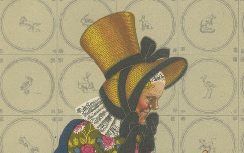 Chromolithograph of Groningen Women in Chintz and Flodder Muts Headdresses, 1932, close-up 4
