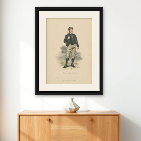 Antique Costume Print of a Peasant Boy from Thuringia in Germany, c.1880, shown framed on a wall