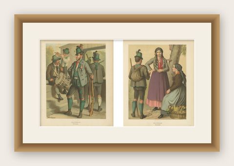 Austrian Folk Costume Prints, Styria, Elegant 19th-Century Pair, Austria, shown framed