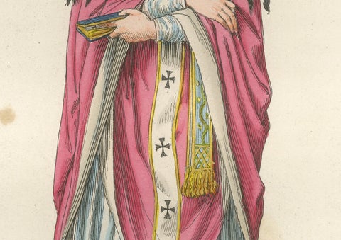 Religious Costume c.1400, Antique 1845 Print of Ecclesiastical Figure, close-up 3