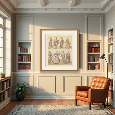 Pl. 169 Antique Print of Italian Women's Costumes by Racinet, 'circa 1880', shown framed in a room