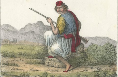 Women of Chios and Mykonos and a Man of Mani, Hand Colored Lithograph, 1842, close-up 2