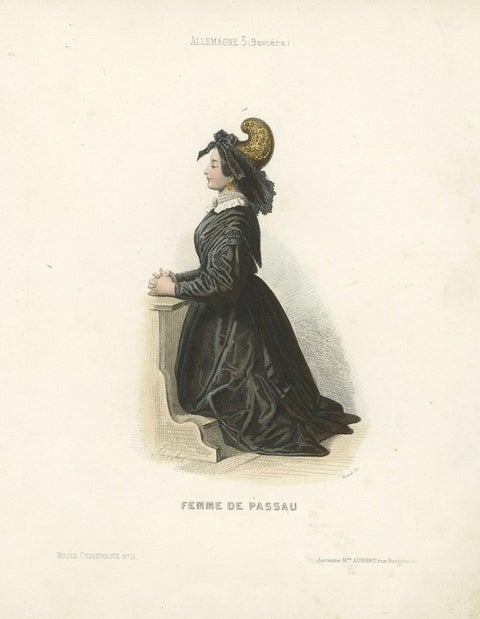 Antique Print of a Lady from Passau, City in Lower Bavaria, Germany, 1850, close-up 1