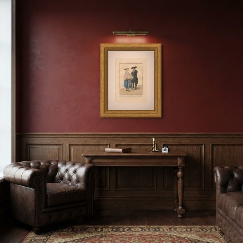 Off to the Fair with Butter and Eggs, Dutch Costume Print, 1811, shown framed in a room