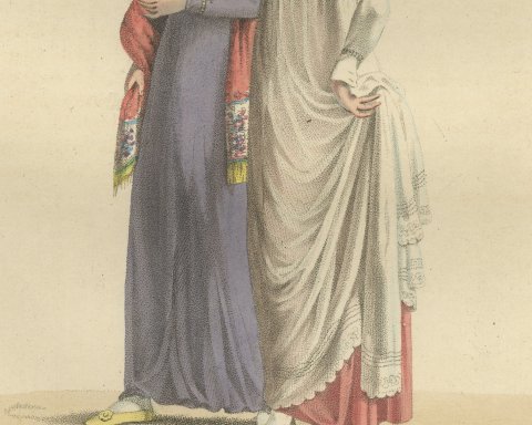 The Promenade, Two Young Women, Dutch Costume Print, 1811, close-up 2
