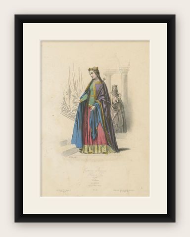 Regal Antique French Costume Print of a Queen, Hand-Coloured in the 19th Century, shown framed