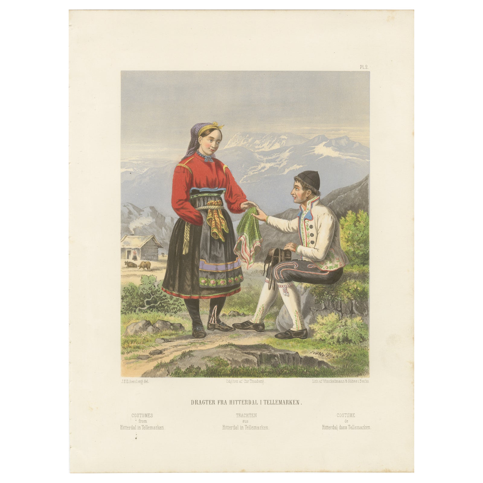 Antique Norwegian Costume Print, Hitterdal in Telemark, circa 1860s
