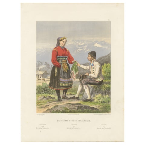 Antique Norwegian Costume Print, Hitterdal in Telemark, circa 1860s