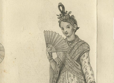 Royal Burmese Official & His Wife in State Attire, Antique Costume Print, c1800, close-up 3