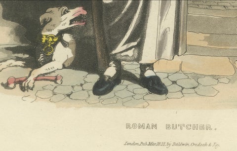 Costume Print: Roman Butcher at Work, 1820s Hand-Colored Engraving, close-up 2