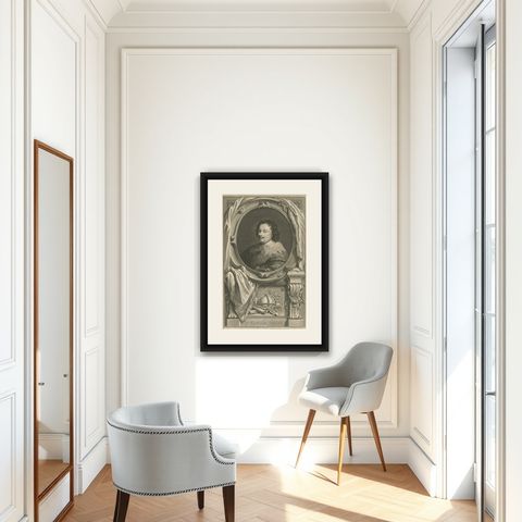 Antique Portrait of Sir Kenelm Digby, English Courtier and Diplomat, shown framed in a room
