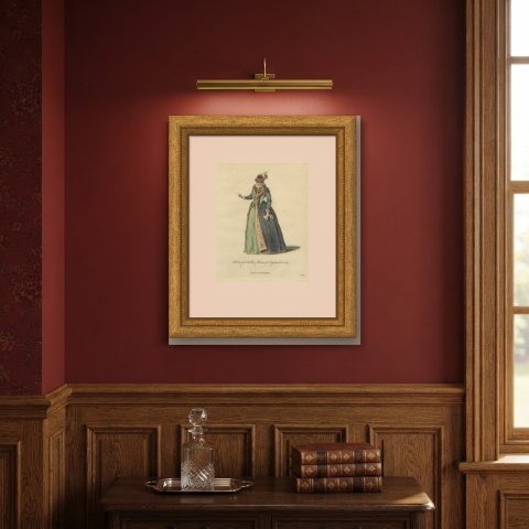 Habit of a Noble Matron of England in 1577, Jefferys Costume Plate, 1757, shown framed on a wall