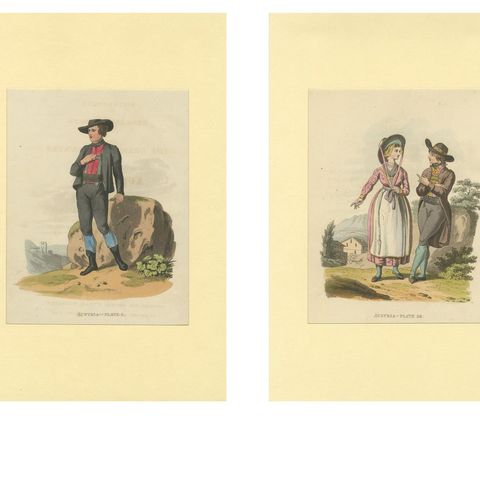 Austrian Folk Costume Prints, Elegant 4-Plate Set of Rural Figures, c. 1820, close-up 1