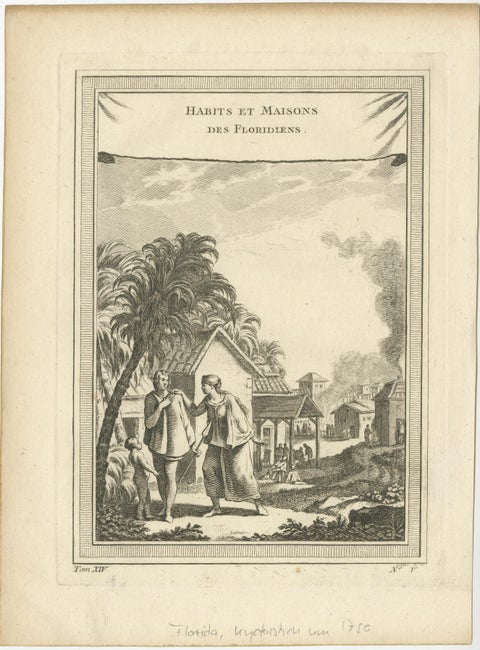 1757 Engraving of Florida Natives, Indigenous Clothing & Village Scene, view 2
