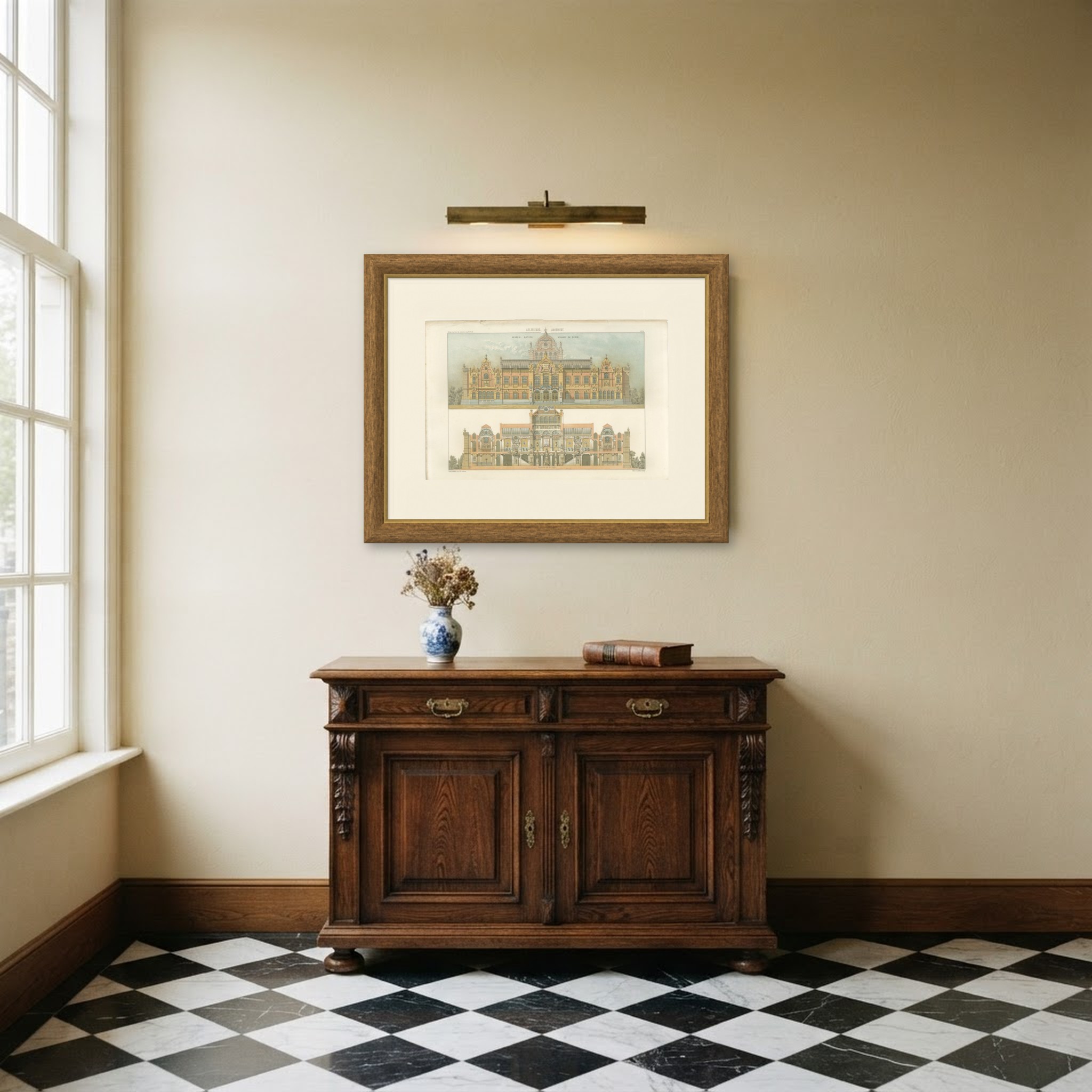 Museum King Willem III, Elevation, Dutch Architecture Print, Leliman, 1865-1866, shown framed in a room