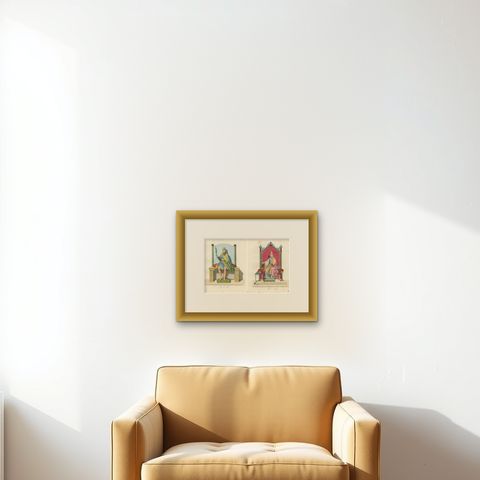 Regal Figures in Ceremonial Dress c.15th Century, Antique Print 1845, shown framed on a wall