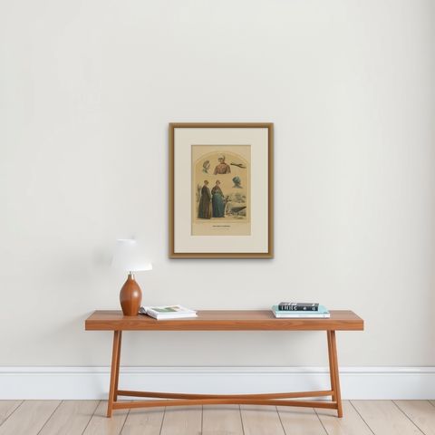 Antique Costume Print of the Province of Overijssel, Holland, 1857, shown framed on a wall