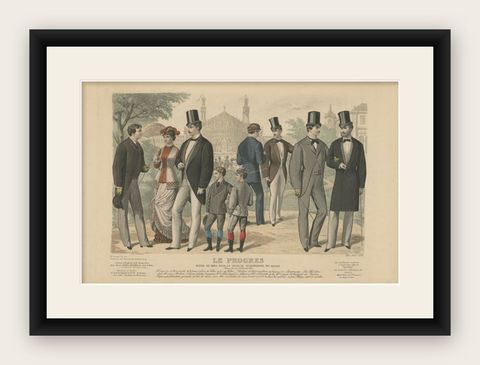 Antique Fashion Print of Men, Children and a Woman in the 19th Century, shown framed