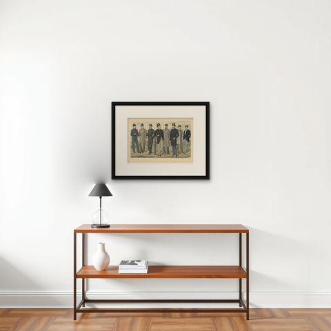 Antique Print of Men's Fashion in March, 1885, shown framed on a wall
