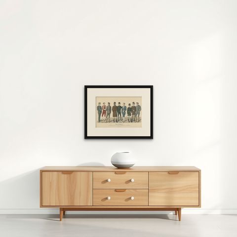 Antique Print of Men's Fashion, Published in January 1886, circa 1900, shown framed on a wall
