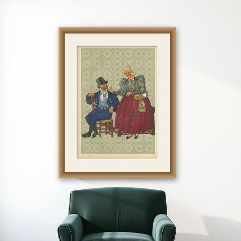 Dutch Couple in Hoorn Traditional Dress, Early 19th Century Folk Costume, shown framed on a wall