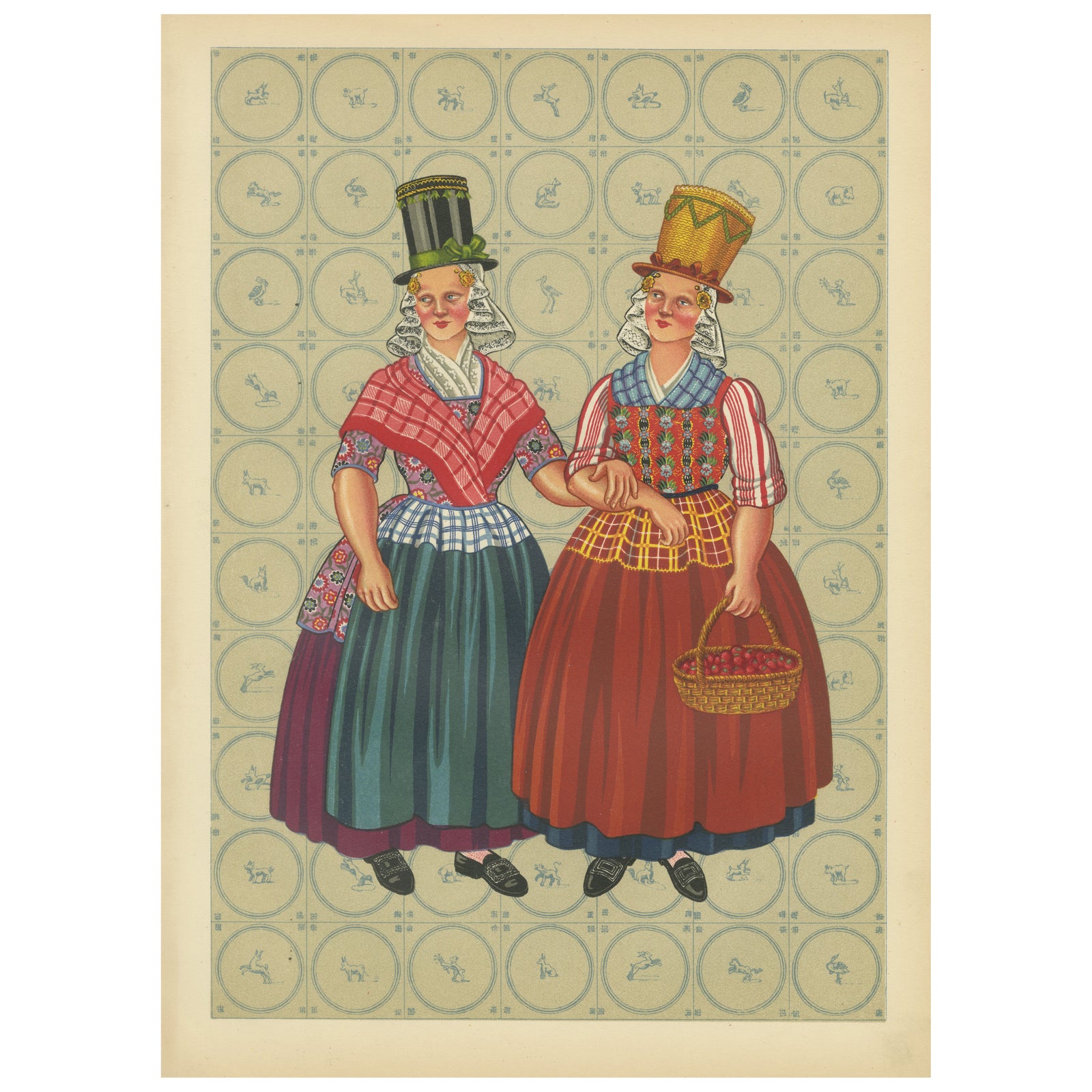 Chromolithograph of Frisian Women in Tall Sunday Hats and Checked Aprons, 1932
