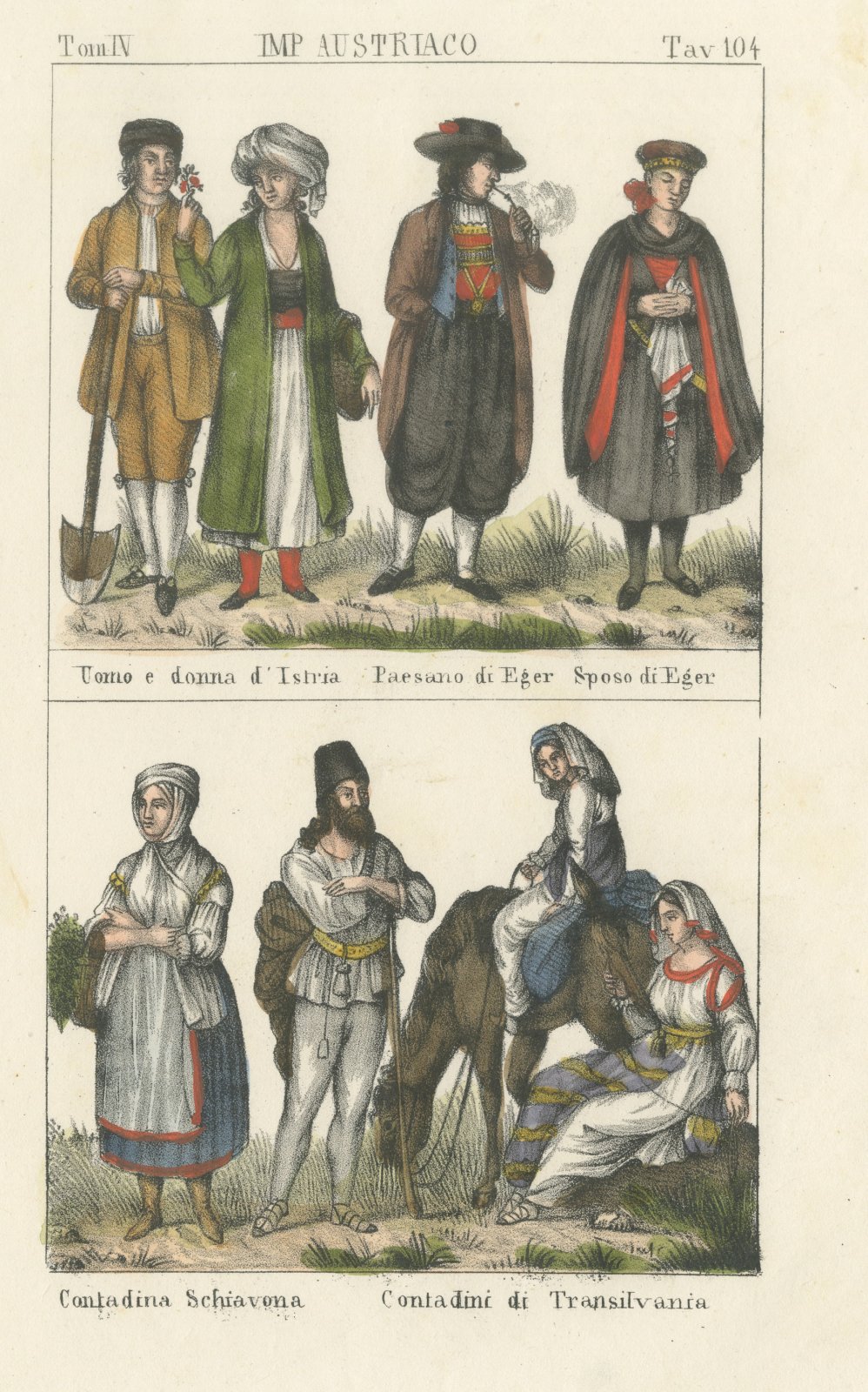 People of Istria, Eger and Transylvania, Hand Colored Lithograph, 1842