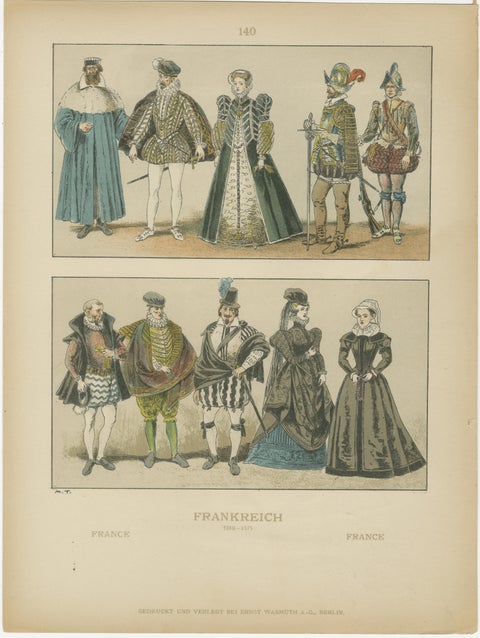 French Renaissance Costumes 1500s, Set of 6 Antique Prints, Published in 1880, view 4