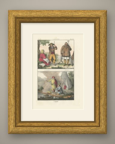 Estonians, an Ostyak and a Lapp Camp, Hand Colored Lithograph, 1842, shown framed