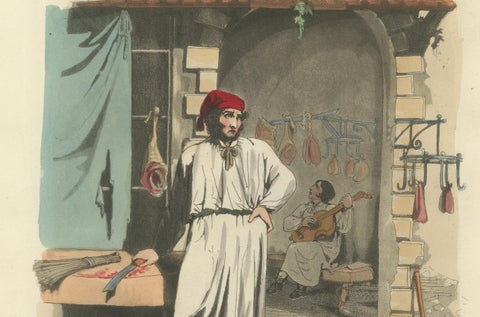 Costume Print: Roman Butcher at Work, 1820s Hand-Colored Engraving, close-up 1