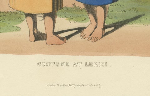 Costume Print: Peasant Women at Lerici in Italy, 1820s Hand-Colored Engraving, close-up 3