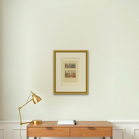 Antique Print of Costumes of the Middle Ages by Racinet '1888', shown framed on a wall