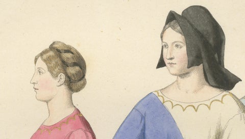 Medieval Women's Costumes c.1300, Hand-Colored Costume Plate, Mercuri 1845, close-up 4