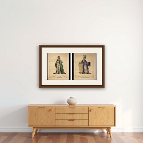 Ottoman Costume Prints Pair, Imam & Court Official, Hand-Colored 1749, shown framed on a wall