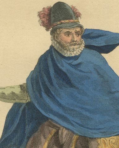 Nobleman of Burgundy in Blue Cape and Puffed Trunk Hose, 1577, Jefferys 1757, close-up 1